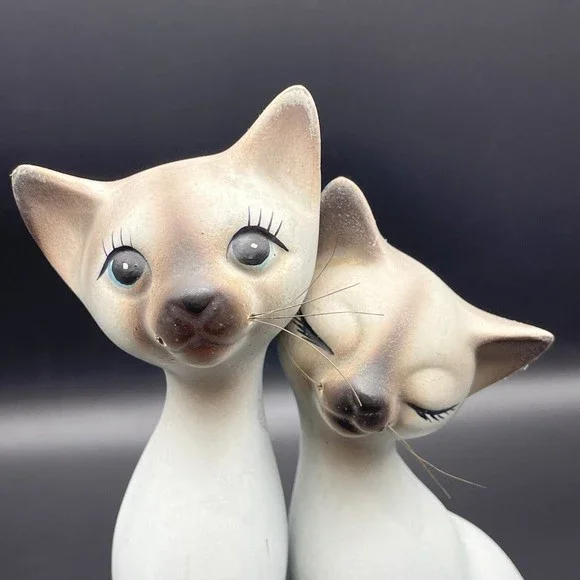 Vintage Ceramic Bisque Siamese Cat Set of 2 Figurines Japan